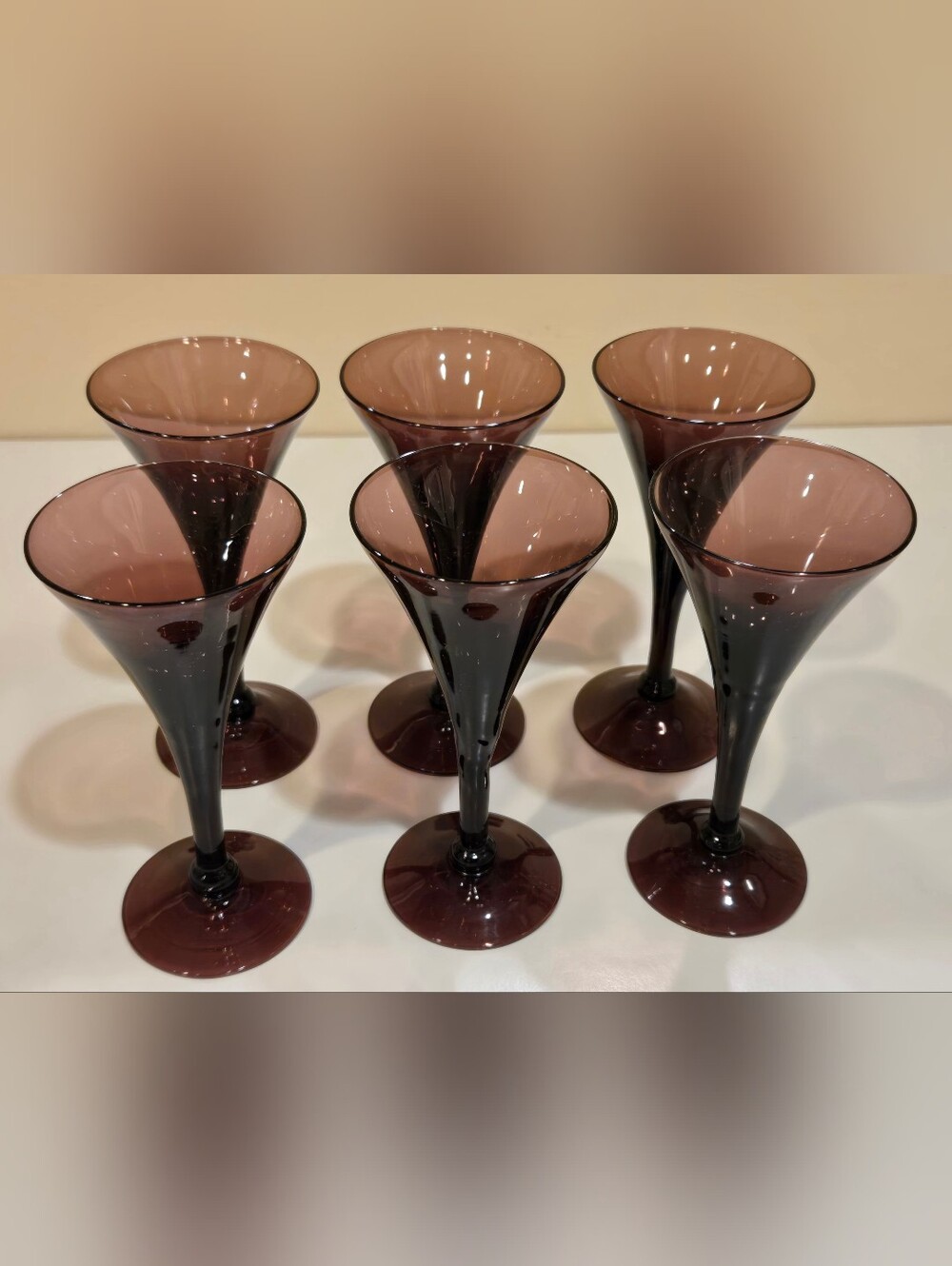 Elegant Set of 6 Cambridge Amethyst Glass Sherry Goblets
